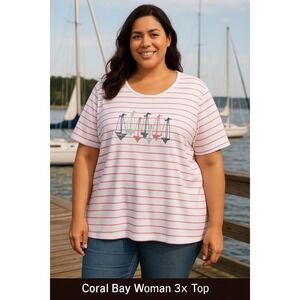 Coral Bay Woman 3X Nautical Sailboat Embroidered Stripe Top White Pink Preppy